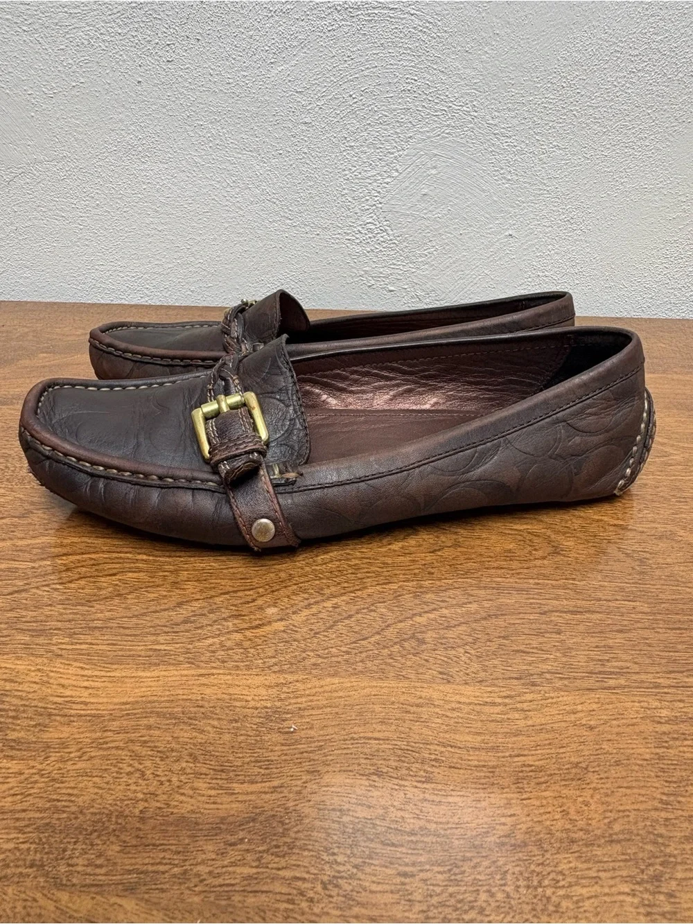 Coach Brown Leather Driving Loafers with Brass Buckle *Flaw